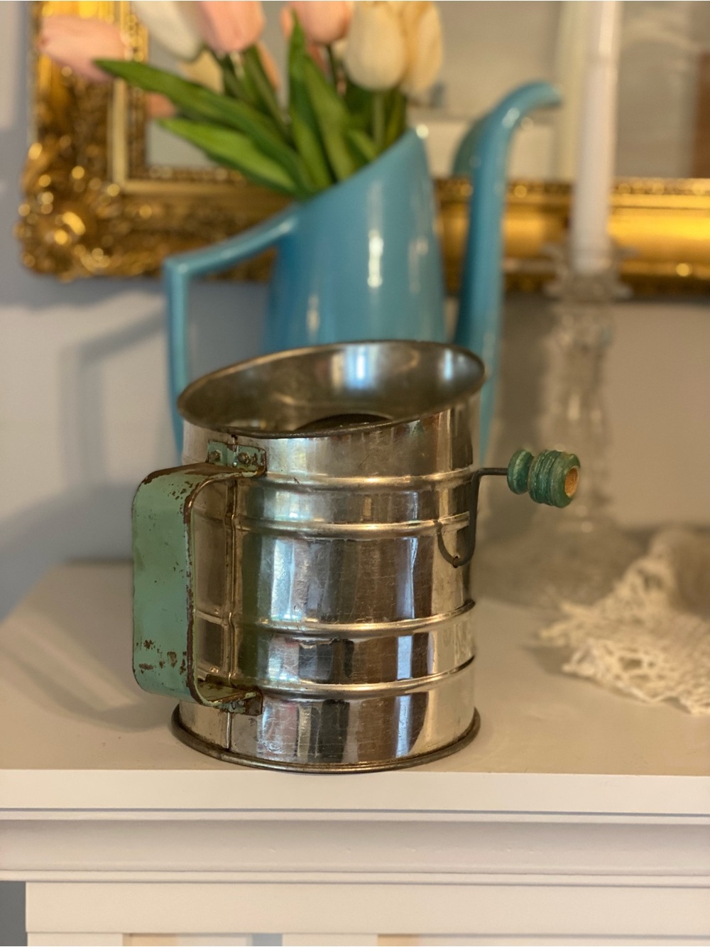 Vintage Green Wooden Handle Flour Sifter